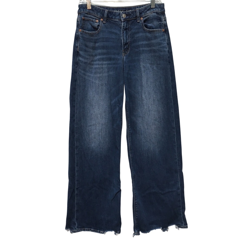 American Eagle Low Rise Baggy Wide Leg Jeans 30 Blue Stretch Raw Hem Y2K Boho